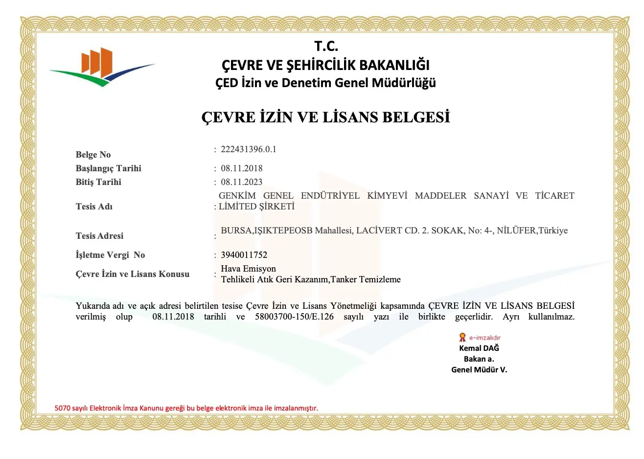 GENKİM Çevre İzin ve Lisans Belgesi
